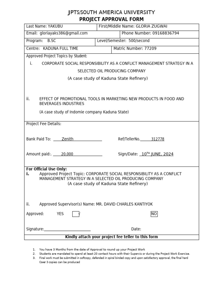 Gloria Yaks Project Approval Form - 104222 | PDF