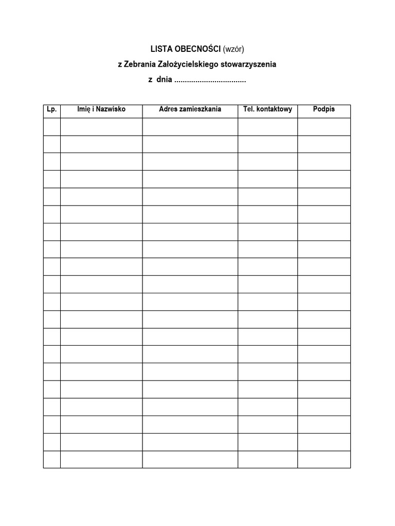 Lista Obecności Na Zebraniu Załozycielskim - WZÓR | PDF