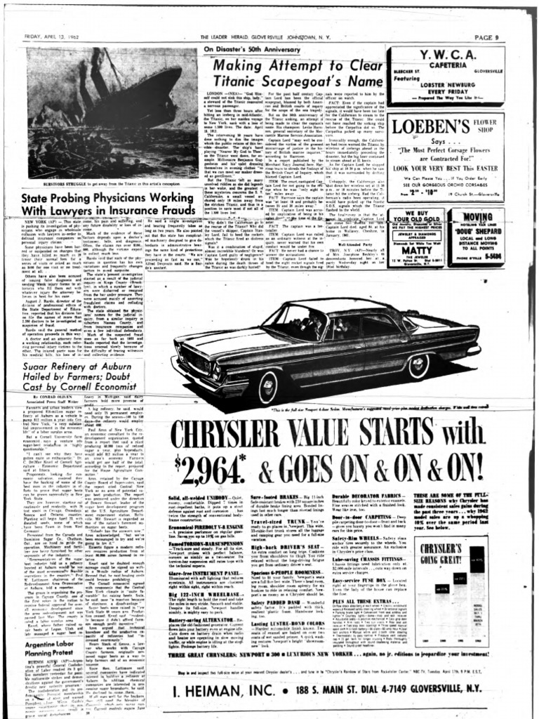 Gloversville NY Leader Herald 1962 Grayscale 1479 Rms Titanic