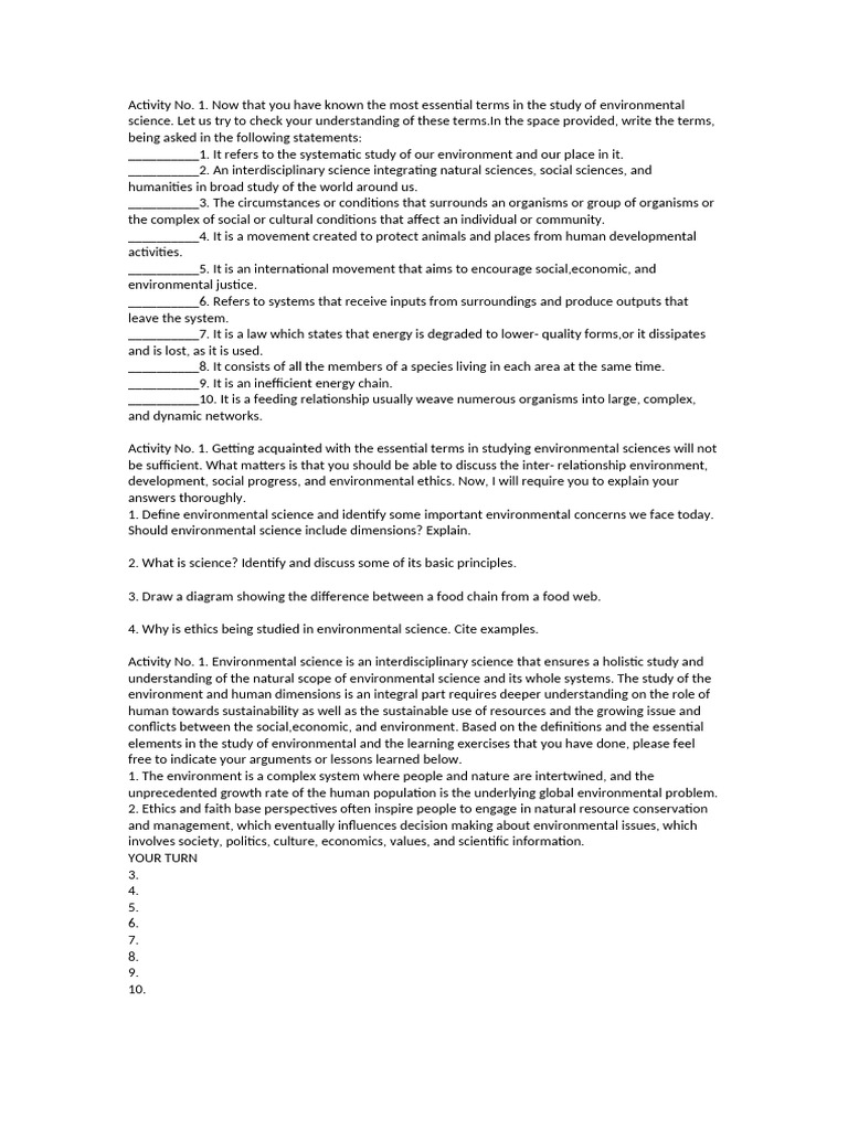 ACT 1 Environmental Science | PDF | Sustainability | Science
