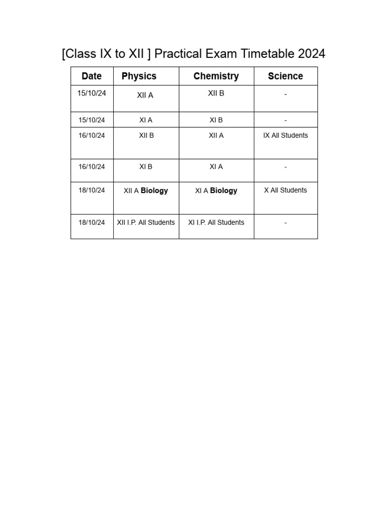 2024 25 IX To XII Practical Exam Time Table | PDF