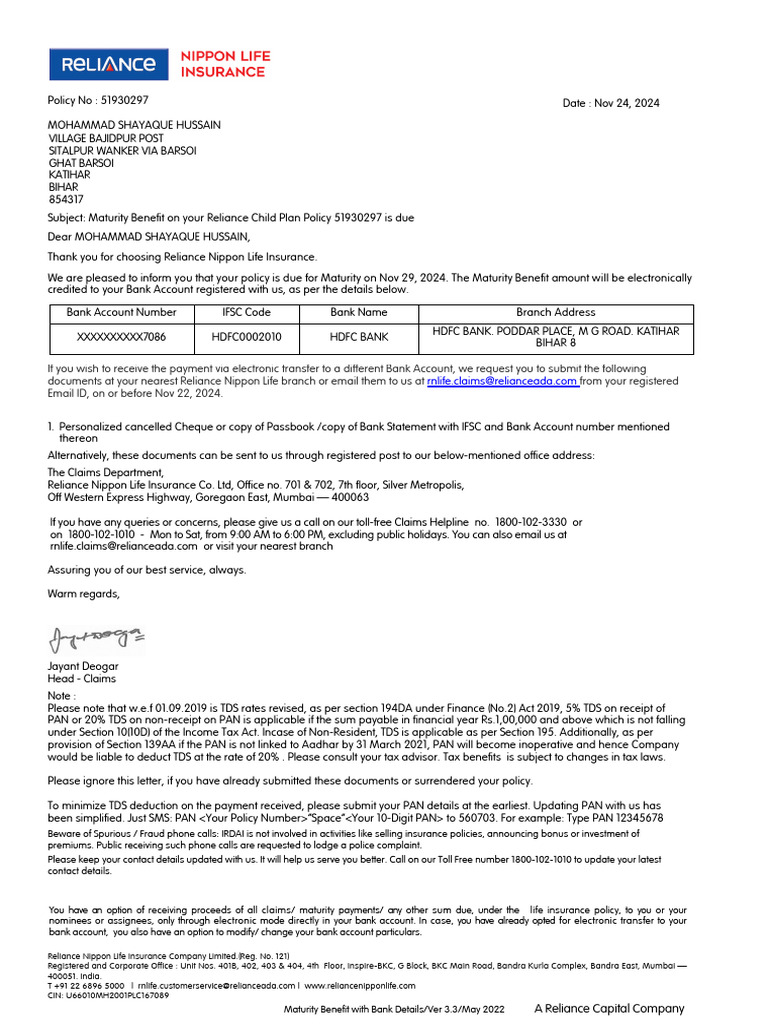Maturity Benefit Notification for Policy 51930297 | PDF | Life ...