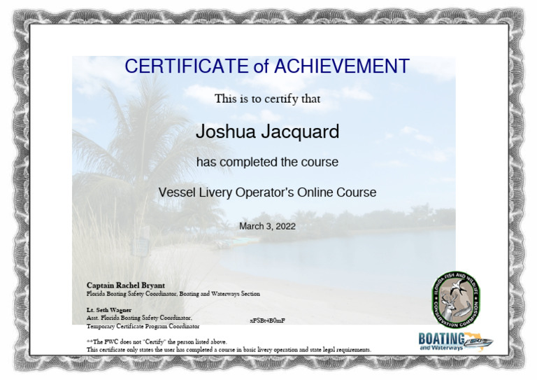 Vessel Livery Operator Course Certificate | PDF