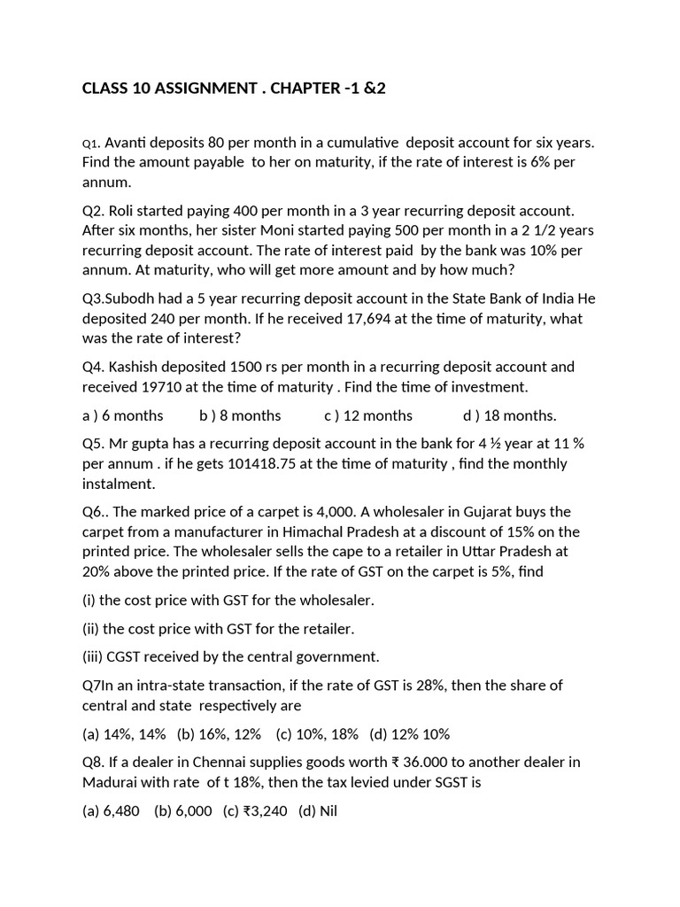 Class 10 Assignment: Recurring Deposits & GST | PDF | Business ...