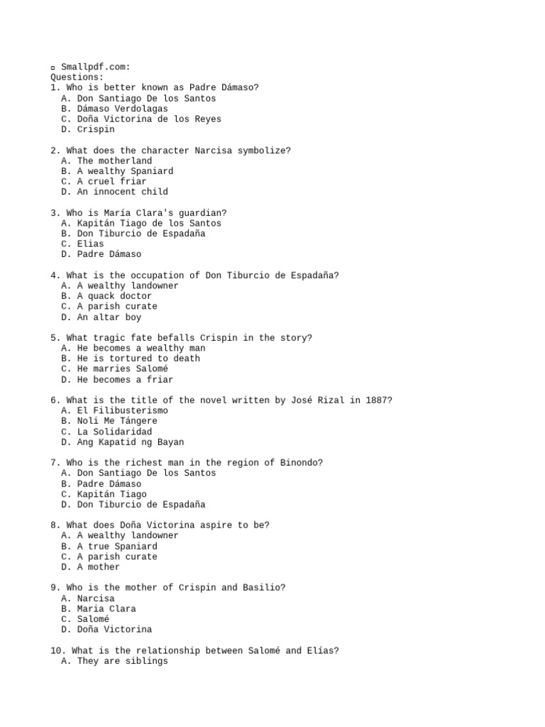 WEEK_11- Lesson 9- NOLI ME TANGERE_generate-quiz | PDF | Spanish ...