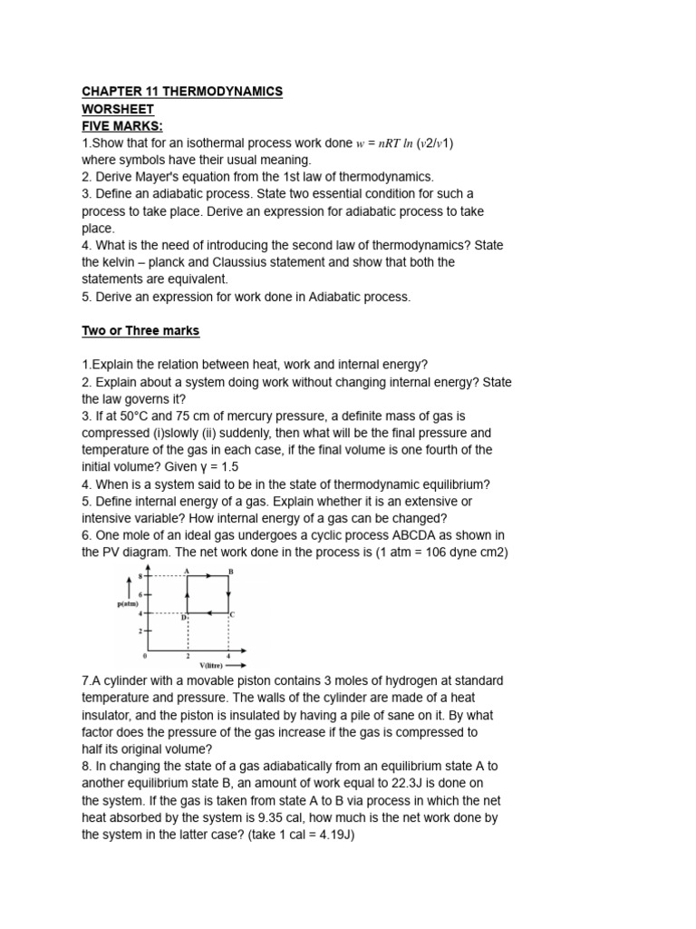 Thermodynamics Worksheet: Key Concepts | PDF | Heat | Gases