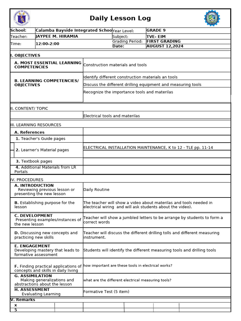 Grade 9 Electrical Tools Lesson Plan | PDF | Teachers | Learning