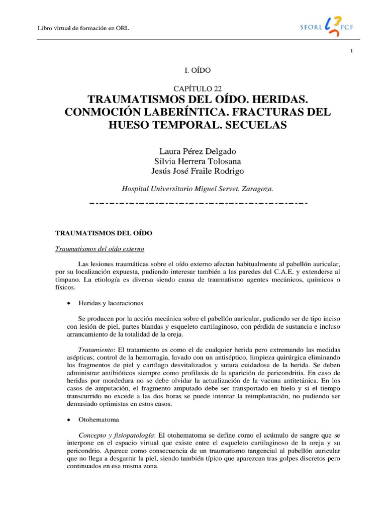 022 - Traumatismos Del Oído. Heridas. Conmoción Laberíntica. Fracturas ...