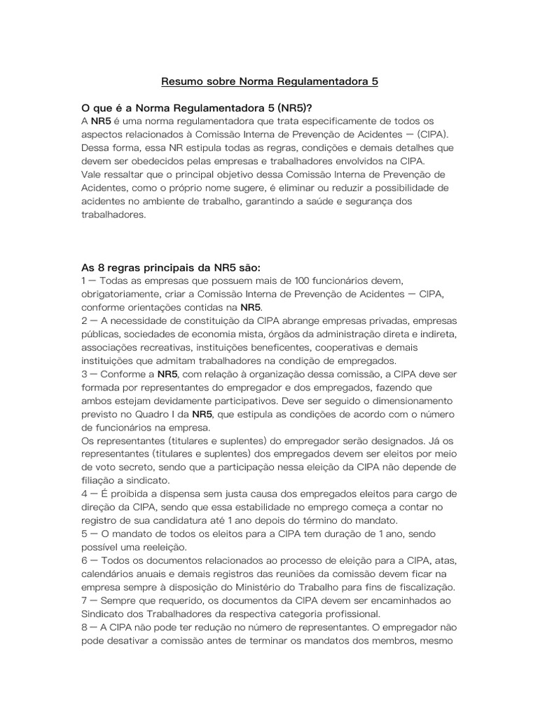Resumo da Norma Regulamentadora 5 | PDF