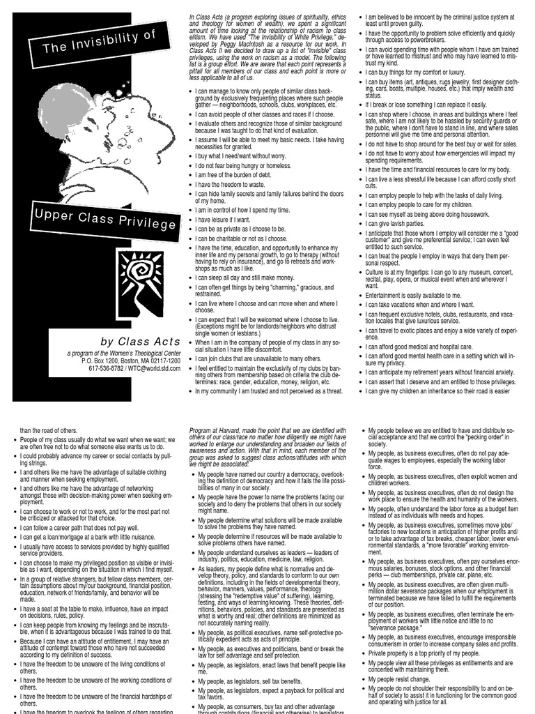 Invisibility Of Class Privilege Pdf Employment Labour Economics