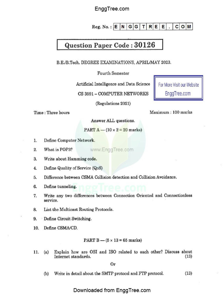 CS3591 Computer Networks Apr May 2023 Question Paper Download | PDF
