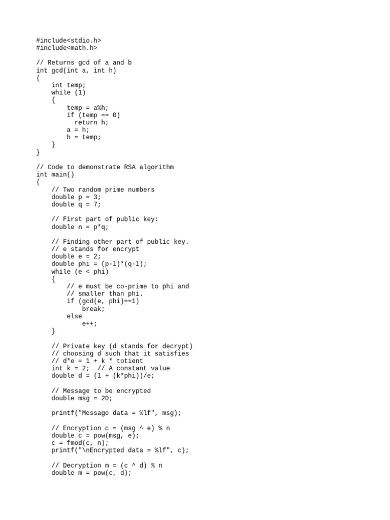 RSA Algorithm Implementation in C | PDF