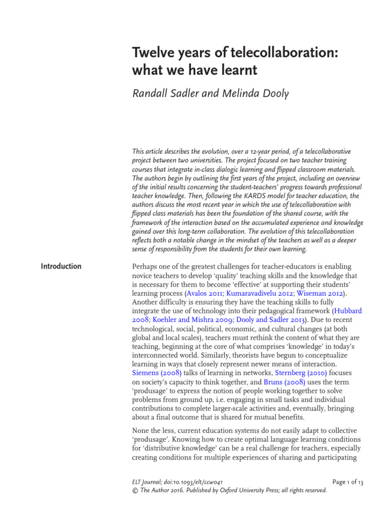 Sadler (2016) Twelve Years of Telecollaboration | PDF | Pedagogy ...