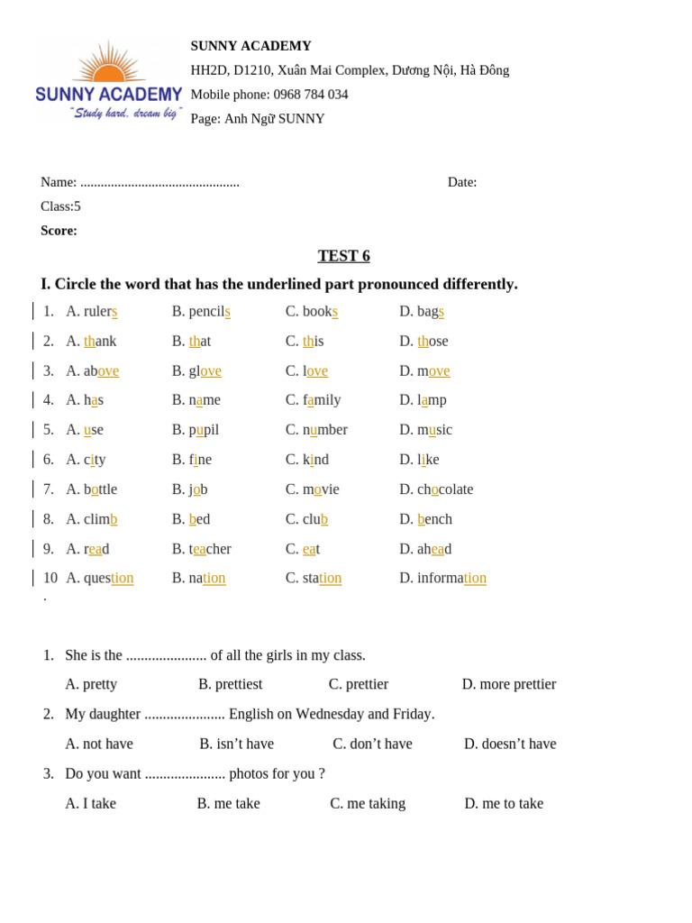 TEST LỚP 6 | PDF