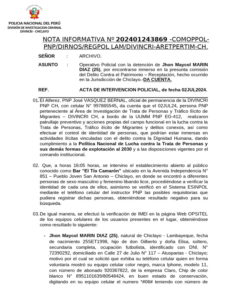 Nota Informativa Receptacion 02jul | PDF | Policía | Trata de personas