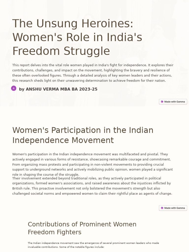 The Unsung Heroines Womens Role in Indias Freedom Struggle | PDF ...
