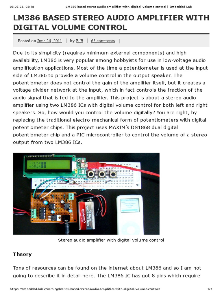 LM386 based stereo audio amplifier with digital volume control
