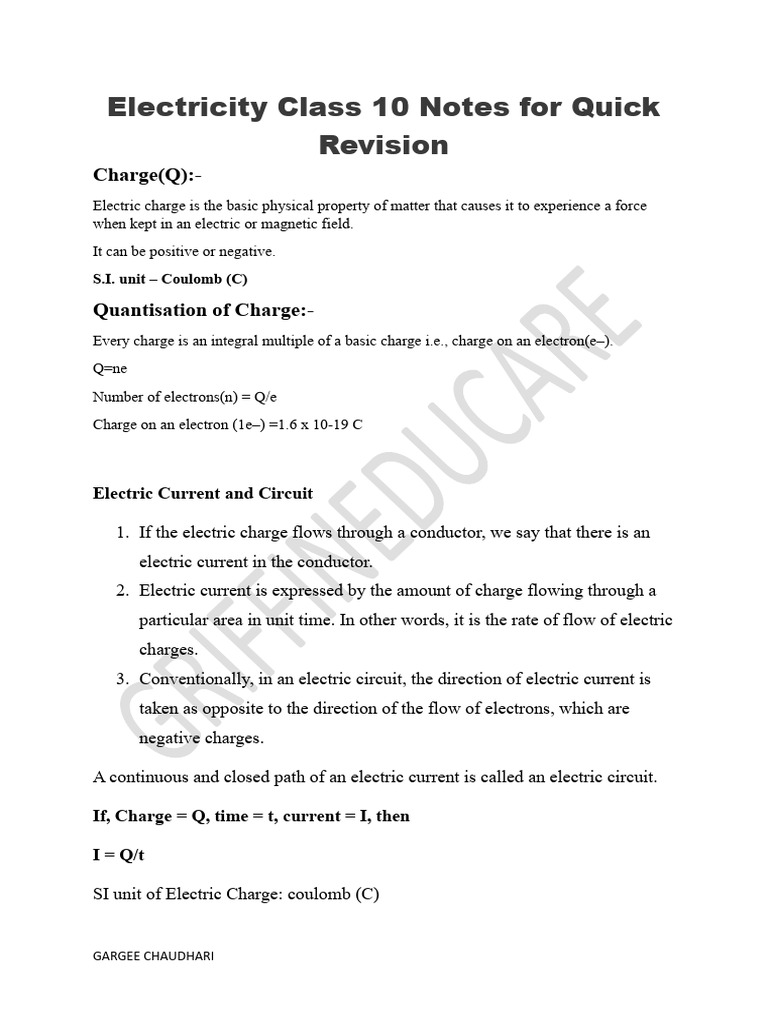 Electricity Class 10 Notes for Quick Revision | PDF | Electrical ...