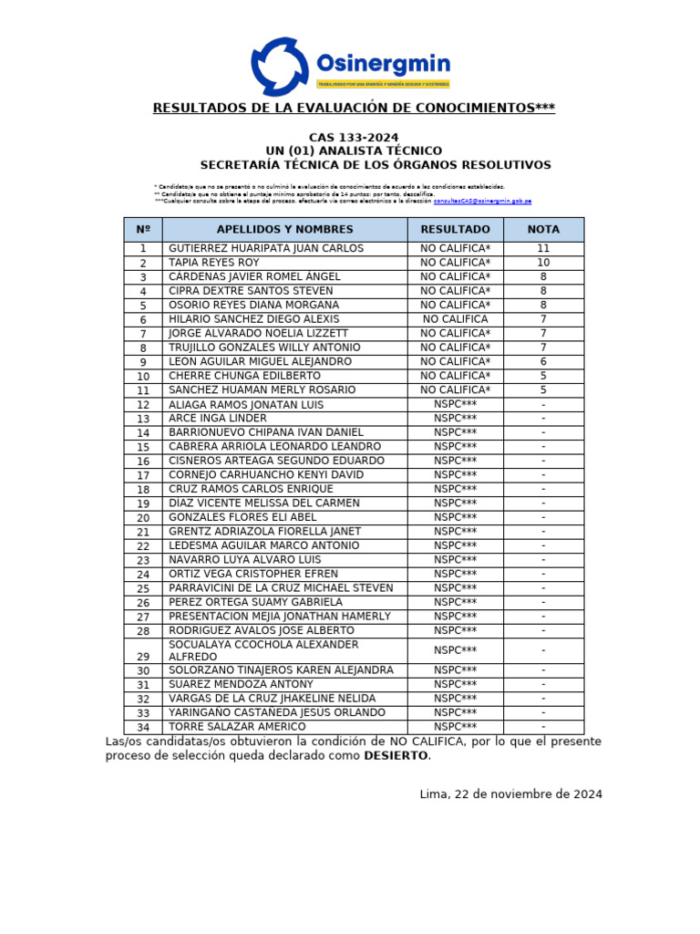 Resultados Evaluación CAS 133-2024 | PDF