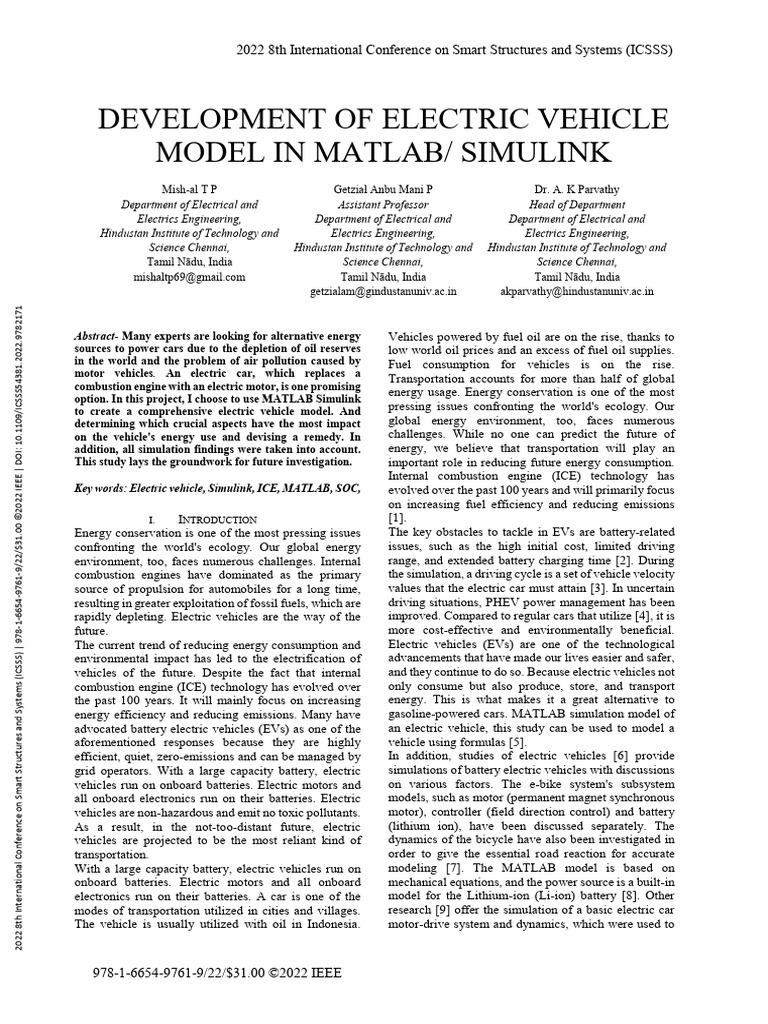 Development of Electric Vehicle Model in Matlab Simulink | PDF ...