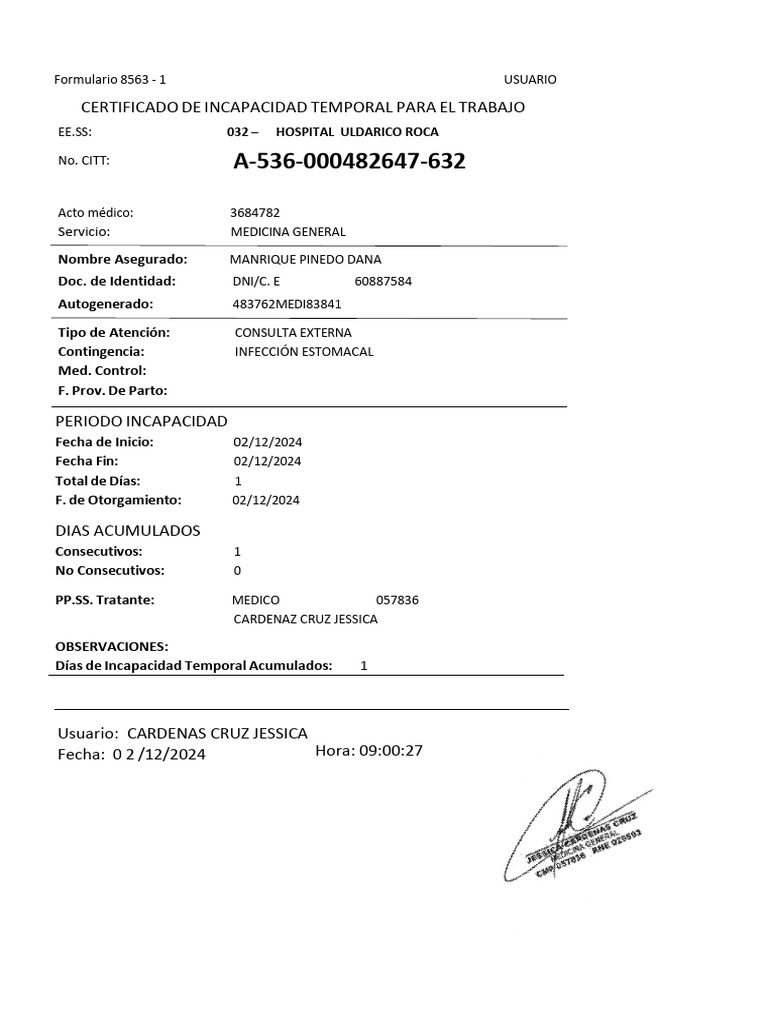 Certificado de Incapacidad Temporal ESSALUD | PDF