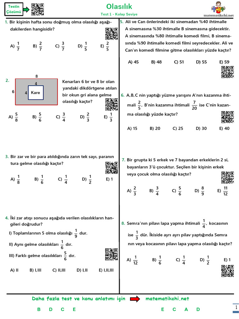 Olasılık Test 1 K | PDF