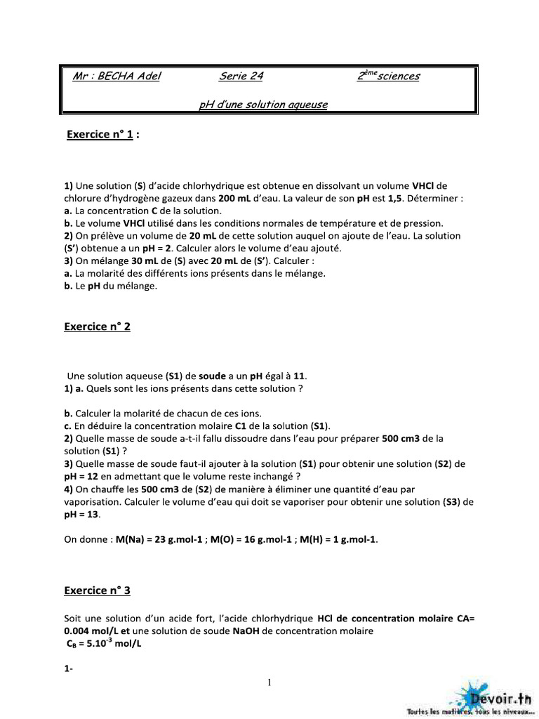 Série N° 24 PH D Une Solution Aqueuse | PDF