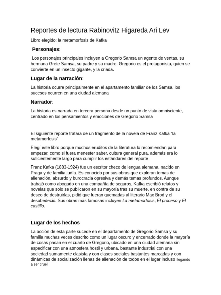 Reporte de Lectura Ari Rabinovitz 051124 | PDF | La metamorfosis ...