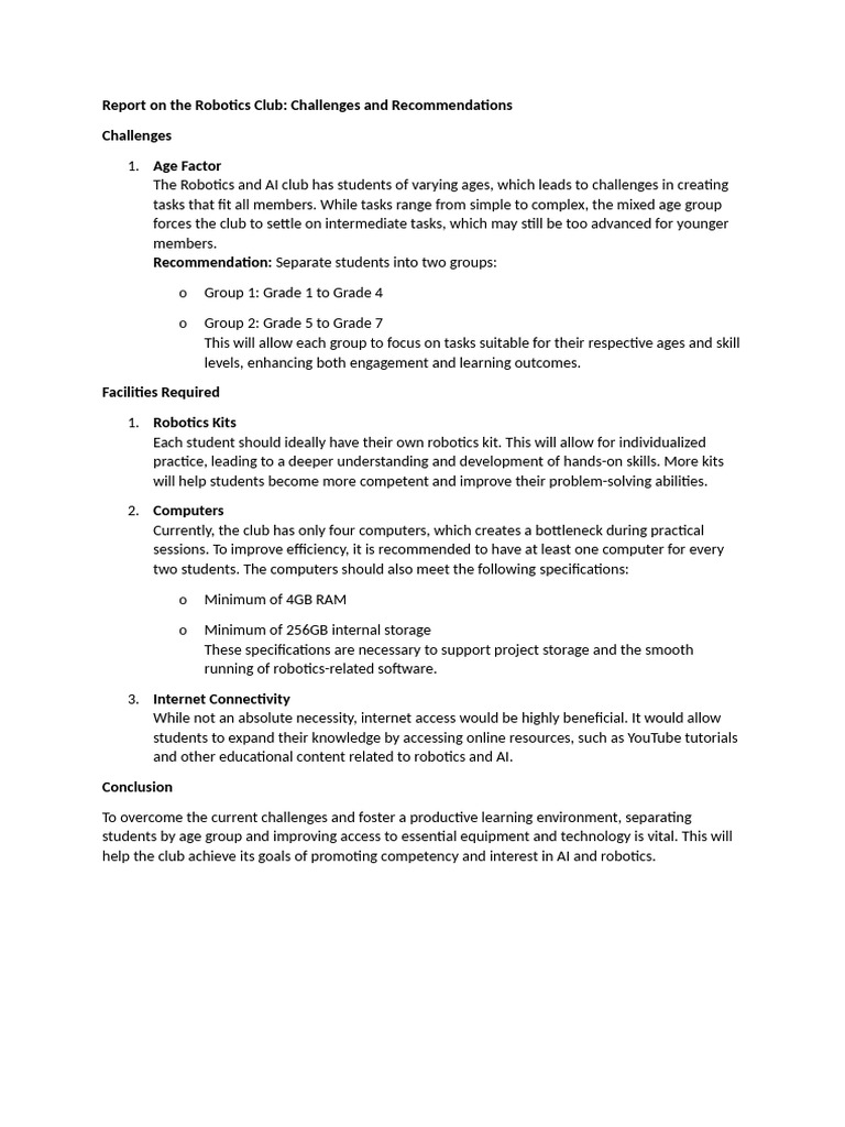 Robotics Club Challenges & Solutions Report | PDF