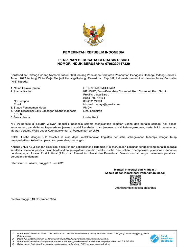 NIB PT Inko Makmur Jaya di OSS | PDF