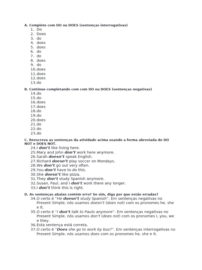 Uso de DO e DOES em Inglês | PDF