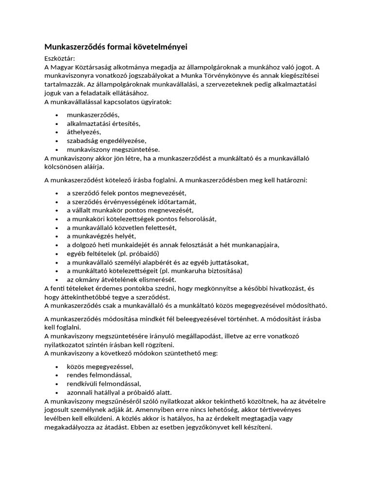 Munkaszerződés Formai Követelményei | PDF
