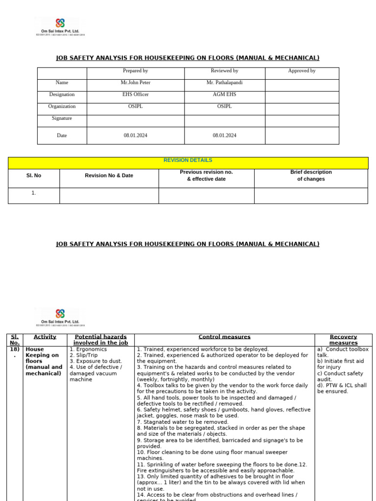 House Keeping On Floors Manual and Mechanical - JSA | PDF ...