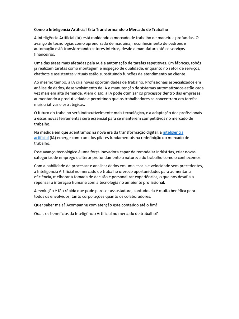 IA e o Futuro do Mercado de Trabalho | PDF | Inteligência artificial ...