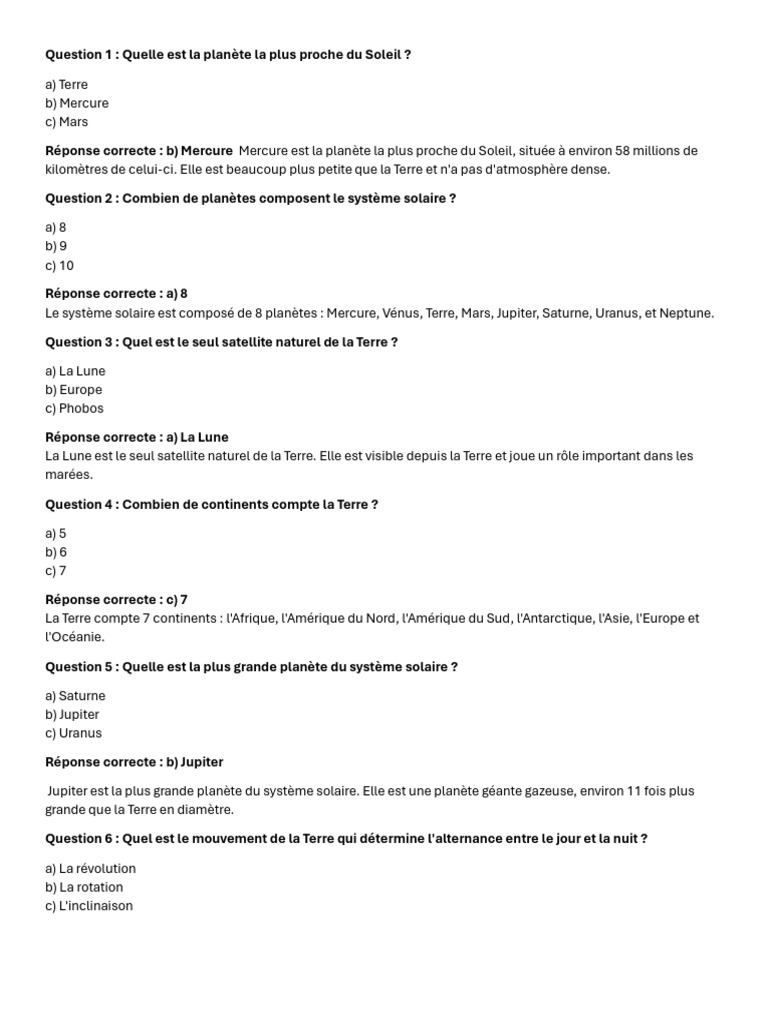 Questions sur le système solaire et la Terre PDF Terre Planètes — free download