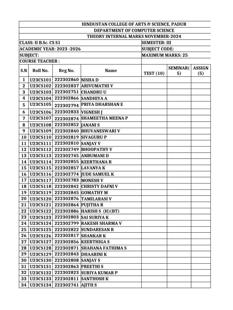 Internal Marks for B.Sc. CS Semester 3 | PDF
