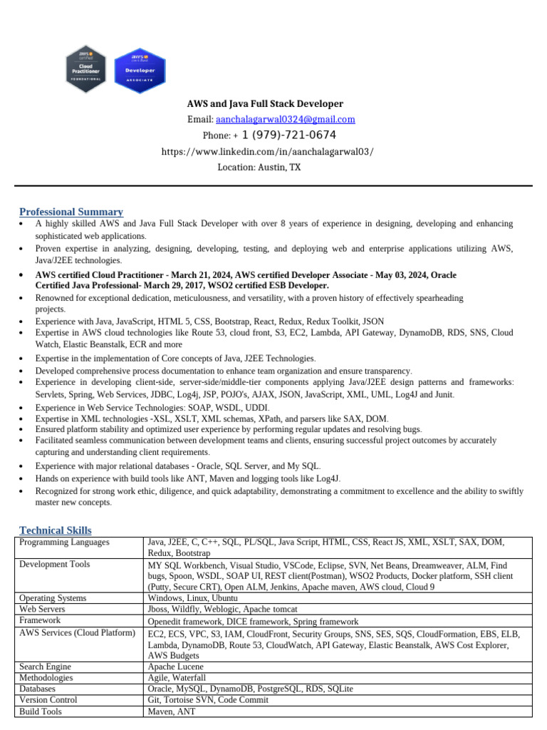 AWS Java Full Stack Developer Resume | PDF | Amazon Web Services | Java ...