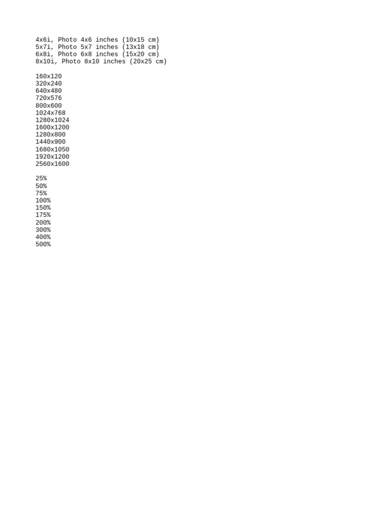 Photo Sizes and Resolutions Guide | PDF