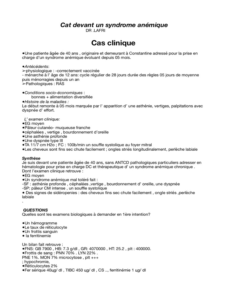 Prise en charge d'anémies chez deux patientes | PDF | Pathologie ...