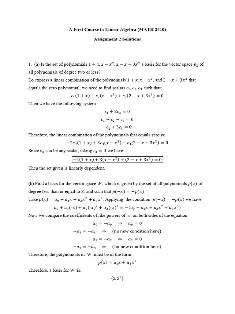 MATH 2410 Assignment 2 Solutions | PDF | Basis (Linear Algebra) | Algebra
