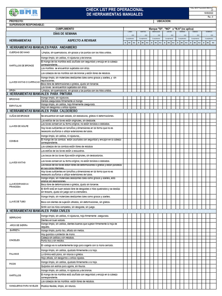 Rac - BMP-4200087660-02-17 Check List de Herramientas Manuales | PDF ...