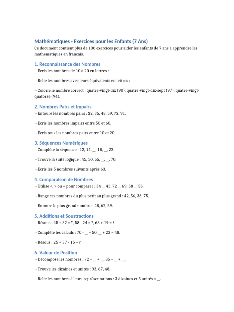 Exercices de Mathématiques pour 7 Ans | PDF