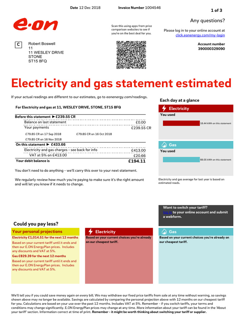 E.ON Energy Bill Overview for 2018 | PDF