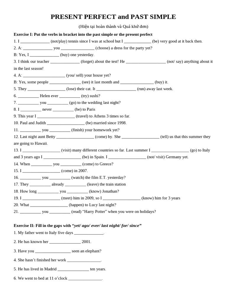Present Perfect vs Past Simple Exercises | PDF