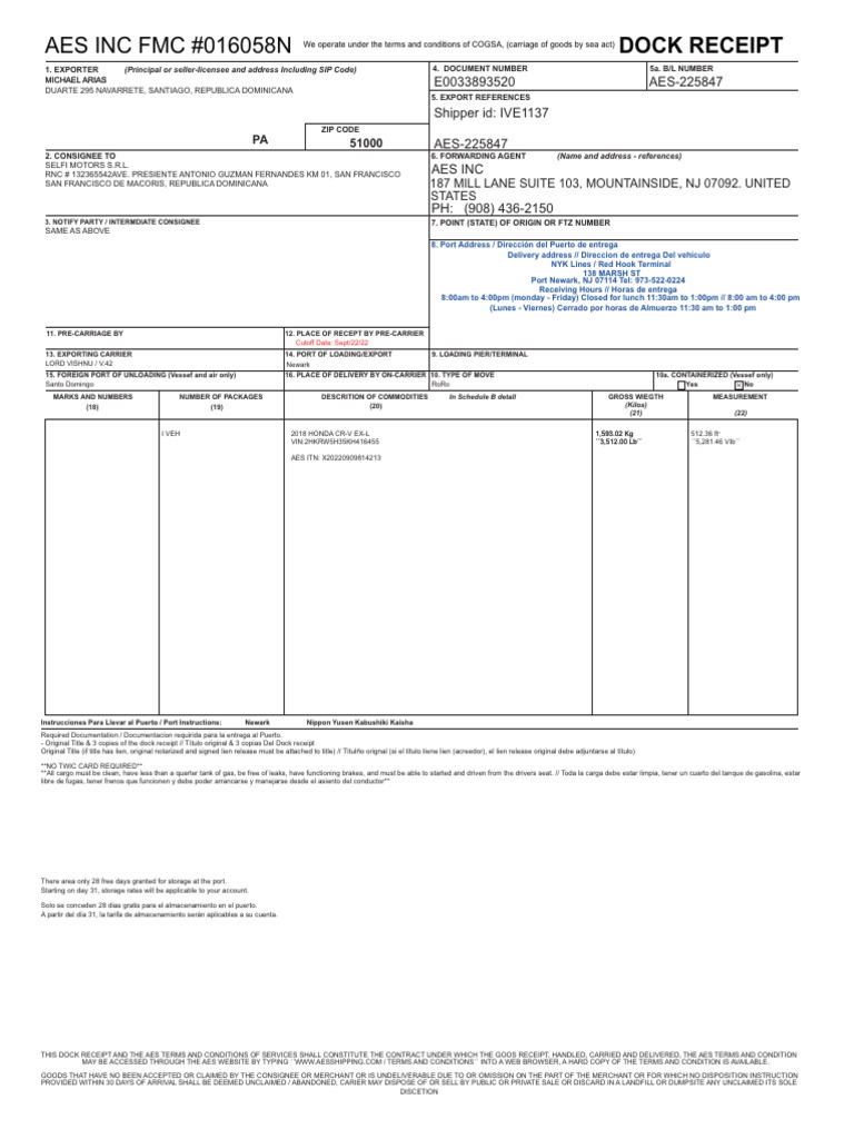Dock Receipt for Vehicle Export | PDF | Freight Transport | Transport