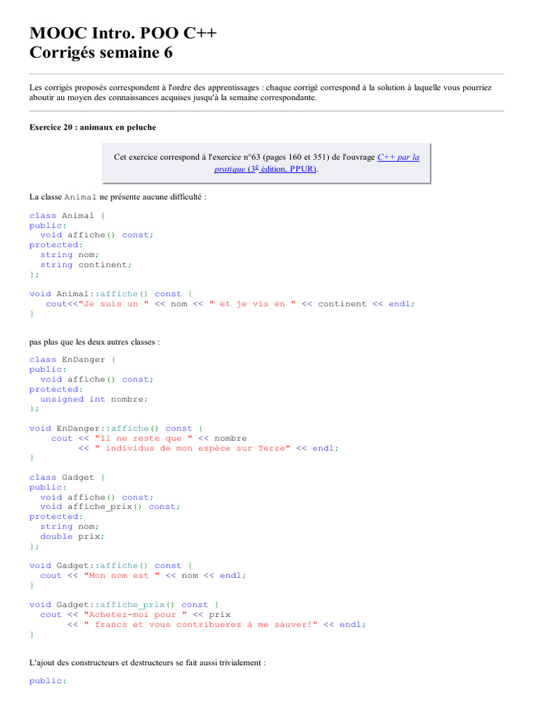 Corrigés MOOC POO C++ Semaine 6 | PDF | C ++ | Informatique