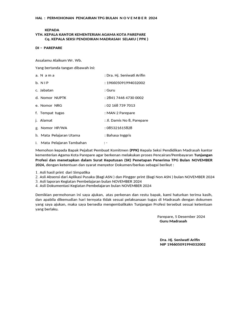 Permohonan pencairan tpg oktober 2024 dra seniwati pdf