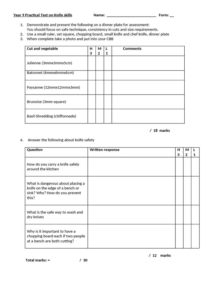 Year 9 Knife Skill Test | PDF