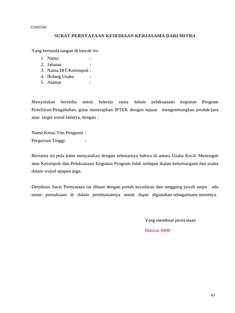 Contoh Surat Kesediaan Mitra 1 | PDF