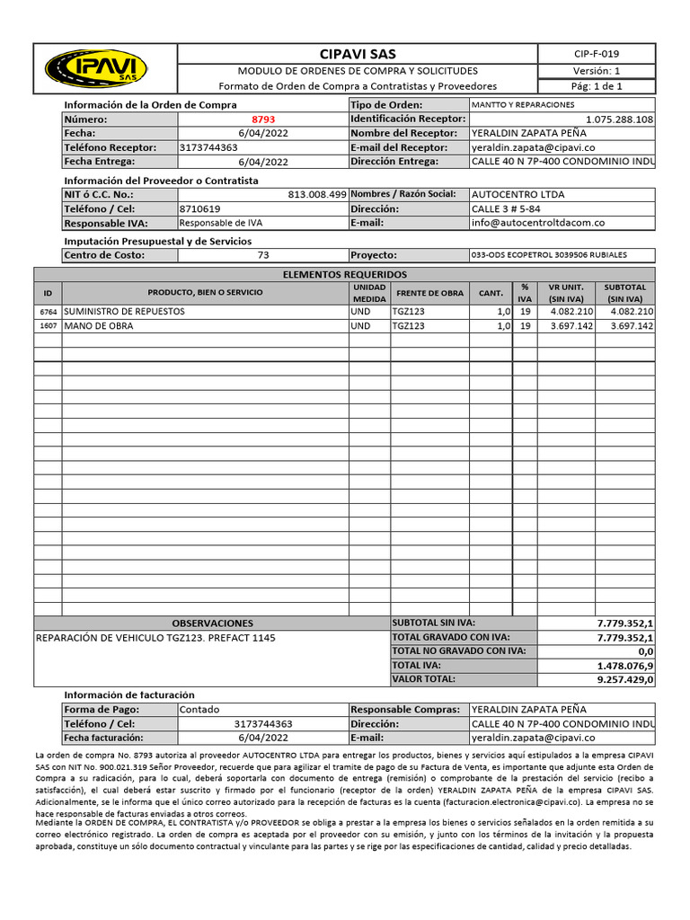 Orden de Compra 8793: Detalles y Proveedor | PDF